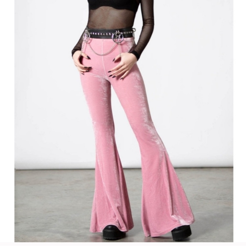 Killstar Pastel Pink Moondance Bell Bottoms Velvet Flare Pants XL - Picture 2 of 12